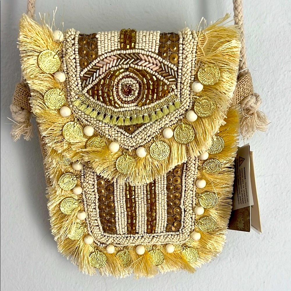 Antik Kraft Yellow Fringe Beaded Crossbody Bag